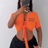 Slayr Camisa casual de mujer de color naranja recortada con cuello redondo y cuello en V abierto, mangas amplias y estampado de letras inglesas con placket