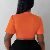 Slayr Camisa casual de mujer de color naranja recortada con cuello redondo y cuello en V abierto, mangas amplias y estampado de letras inglesas con placket