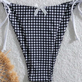 Swim Mod Conjunto de bikini de cuadros con cuello halter para mujer con decoración de lazo, traje de baño de dos piezas para vacaciones en la playa (estampado aleatorio)