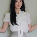 Dazy X KIMYOUJUNG Blusa de verano para mujer con mangas abullonadas y diseno de nudo delantero