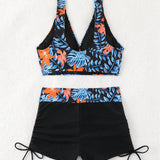 NEW  Swim Lushore Conjunto de bikini para mujer con estampado de plantas tropicales, con top corto retorcido y Bottom de corte alto y descarado, impresion aleatoria, para vacaciones