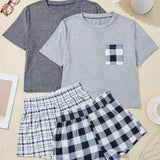 Conjunto de pijama para mujer de 4 piezas con parte superior de manga corta a cuadros con bolsillo y pantalones cortos empalmados a cuadros