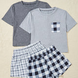 Conjunto de pijama para mujer de 4 piezas con parte superior de manga corta a cuadros con bolsillo y pantalones cortos empalmados a cuadros