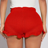 SXY Shorts de cintura de bolsa de papel tejidos para mujer con pliegues y remates de encaje, unicolor