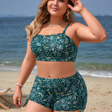 Swim Vcay Conjunto de bikini estampado de talla grande para playa con sujetador de cuello halter y shorts de bano con cordon, estilo de vacaciones