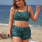 Swim Vcay Conjunto de bikini estampado de talla grande para playa con sujetador de cuello halter y shorts de bano con cordon, estilo de vacaciones