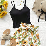 WYWH Conjunto para mujer de top de tirantes en unicolor y shorts estampados de girasoles para ocasiones casuales y vacaciones de verano