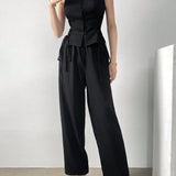 Modely Conjunto de chaleco de trabajo solido para mujer con un boton simple, cinturon y pantalones de traje casuales de unicolor