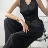 Modely Conjunto de chaleco de trabajo solido para mujer con un boton simple, cinturon y pantalones de traje casuales de unicolor