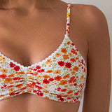 Swim Vcay Top de bikini arrugado con estampado floral delicado para mujer para vacaciones (impresion al azar)