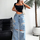 EZwear Jeans holgados a la moda para mujer, con detalles desgastados y lavado envejecido