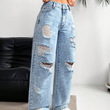 EZwear Jeans holgados a la moda para mujer, con detalles desgastados y lavado envejecido