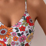 Swim Mujeres Traje de bano de una pieza estampado floral aleatorio con anillo sin espalda, playa de verano