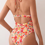 Swim Traje de bano de una pieza tipo halter para mujer con estampado floral, atado con cordones y sin espalda para vacaciones en la playa, verano