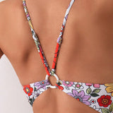 Swim Mujeres Traje de bano de una pieza estampado floral aleatorio con anillo sin espalda, playa de verano