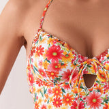 Swim Traje de bano de una pieza tipo halter para mujer con estampado floral, atado con cordones y sin espalda para vacaciones en la playa, verano