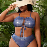 Swim Vcay Conjunto de bikini con cordones de talla grande para vacaciones de verano en la playa, que incluye un sosten y una Bottom de bikini simple con encaje