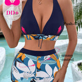 Swim Conjunto de bikini con cuello halter y estampado de plantas de empalme para la playa en verano, estampado aleatorio