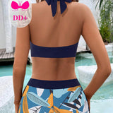 Swim Conjunto de bikini con cuello halter y estampado de plantas de empalme para la playa en verano, estampado aleatorio