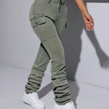 EZwear Pantalones Jeans informales de mujer para el trabajo con bolsillos y dobladillo plisado