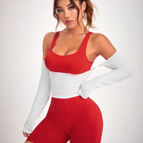 Sport Easify Mujeres Top deportivo de cuello cuadrado rojo + Top blanco + Traje deportivo de pantalon corto rojo