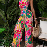 VCAY V-Neck Floral Print Sleeveless Jumpsuit For Summer Vacation