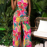 VCAY V-Neck Floral Print Sleeveless Jumpsuit For Summer Vacation