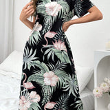 Vestido de dormir de manga corta para mujeres con estampado tropical