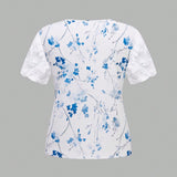 LUNE Camisa de manga corta para mujer con ribetes de malla y cuello cuadrado con estampado floral, para verano