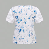 Camisa de manga corta para mujer con ribetes de malla y cuello cuadrado con estampado floral, para verano