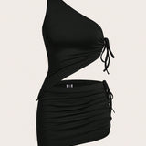 EZwear Conjunto de top corto de un hombro y falda mini tejida negra para mujer