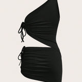EZwear Conjunto de top corto de un hombro y falda mini tejida negra para mujer