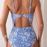 Swim Traje de bano de una pieza con estampado floral minusculo para playa de vacaciones con correas de hombro, verano en la playa