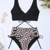Conjunto de bikini sexy de estampado de leopardo de 2024 para mujeres, traje de bano retro de cintura alta y cuello halter