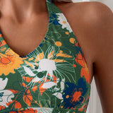 Swim Lushore Traje de bano tankini para mujer con estampado de plantas tropicales, cuello halter con lazo en la espalda y pantalones cortos, impresion aleatoria