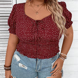 CURVE+ Blusa de manga abullonada con botones, estampado de puntos y cintura ajustable, de estilo casual de verano para as grandes