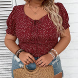 CURVE+ Blusa de manga abullonada con botones, estampado de puntos y cintura ajustable, de estilo casual de verano para as grandes