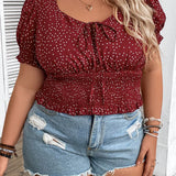 CURVE+ Blusa de manga abullonada con botones, estampado de puntos y cintura ajustable, de estilo casual de verano para as grandes