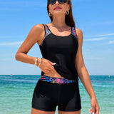 Swim Lushore Conjunto de traje de bano de dos piezas con diseno de flores empalmado, ideal para vacaciones de verano en la playa