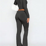 Conjunto de pantalones de dos piezas deportivos informales, elasticos, de manga larga y moda sencilla, en gris para mujer