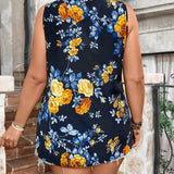 Blusa Sin Mangas De a Grande Para Mujeres Con Estampado De Flores, Estilo De Vacaciones De Verano Con Escote En V