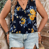 Blusa Sin Mangas De a Grande Para Mujeres Con Estampado De Flores, Estilo De Vacaciones De Verano Con Escote En V