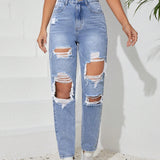 Tall Jeans con botones de unicolor para mujer con agujeros y bolsillos desgastados