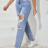 Tall Jeans con botones de unicolor para mujer con agujeros y bolsillos desgastados