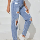 Tall Jeans con botones de unicolor para mujer con agujeros y bolsillos desgastados