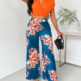 Slayr Conjunto de top envolvente con alas de murcielago ajustado y pantalon largo naranja de 2 piezas para mujer con detalle fruncido, ideal para verano