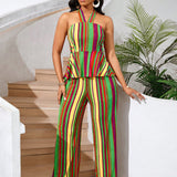 Lady Conjunto veraniego casual con parte superior sin mangas a rayas y pantalones largos de bloque de color