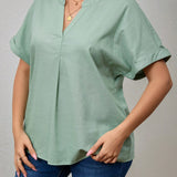 Camisa verde casual de a grande para mujer con cuello en V enado y mangas cortas para el Dia de la Madre de verano