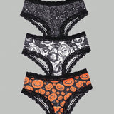 3 piezas de bragas sexys y goticas para mujeres con encaje de contraste, con estampado de calaveras, ojos, estrellas y Jack-O-Lanterns para Halloween, ropa interior y lenceria para mujeres y damas