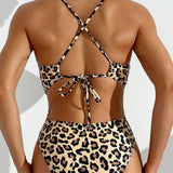 Swim Traje de bano para mujer con estampado de leopardo de una sola pieza con diseno de espalda descubierta y hombros con lazo para vacaciones, playa de verano